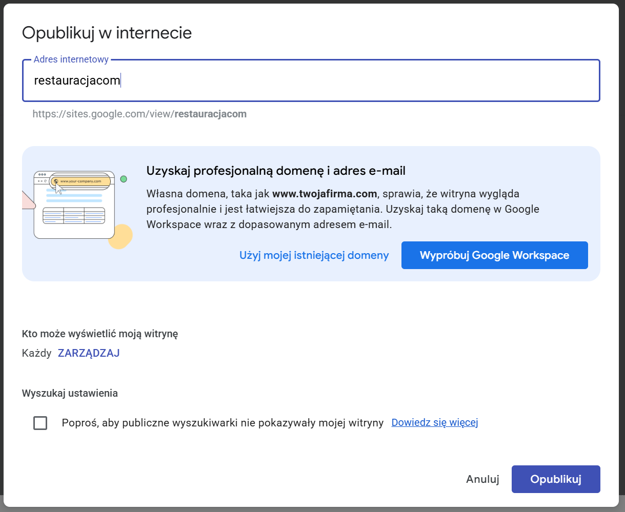 Tworzenie witryny z Google Sites. Publikacja w internecie