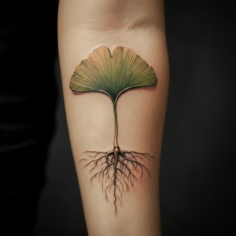 Ginkgo Leaf with Roots Tattoo