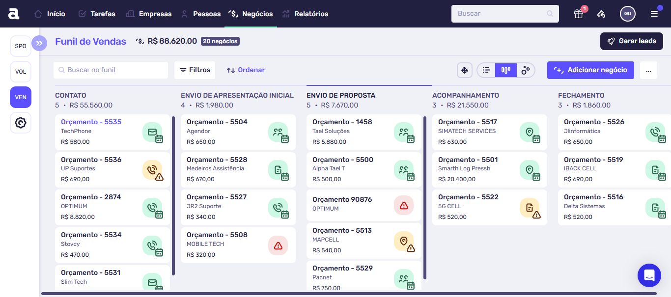 Tela do funil de vendas no desktop (computador) mostrando o funil: contato > envio de apresentação inicial > envio de proposta > acompanhamento > fechamento.