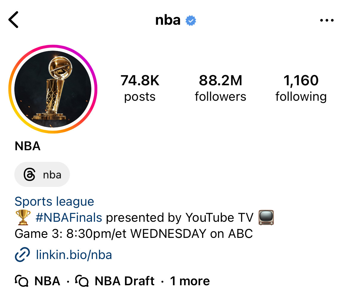 The NBA's Instagram bio. There are several broadcast channels listed in the bio. 