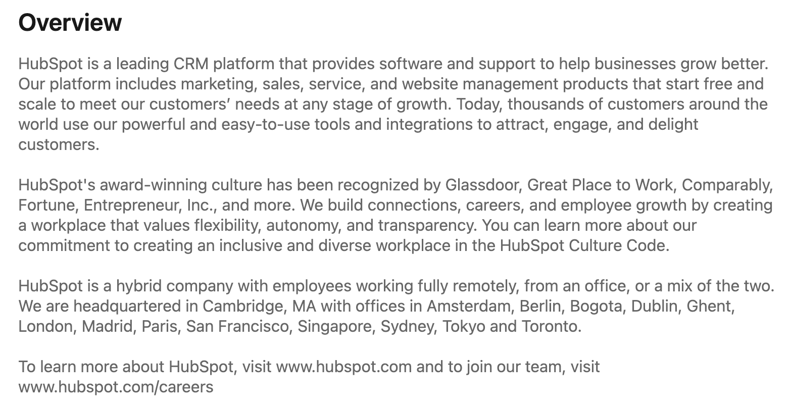 Hubspot About tab on LinkedIn page Linkedin for competitive analysis