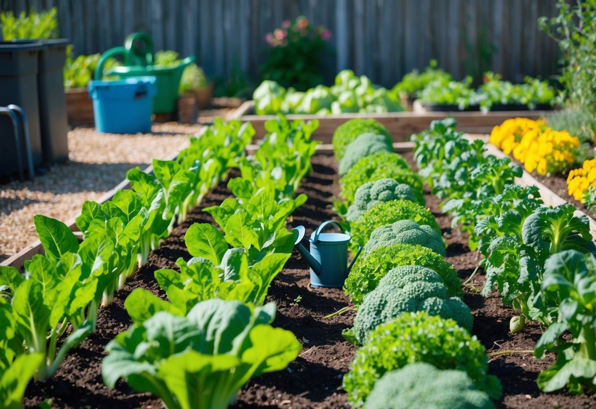 A garden with 10 types of vegetables growing in neat rows, surrounded by tools and compost bins. The sun is shining, and a small watering can sits nearby