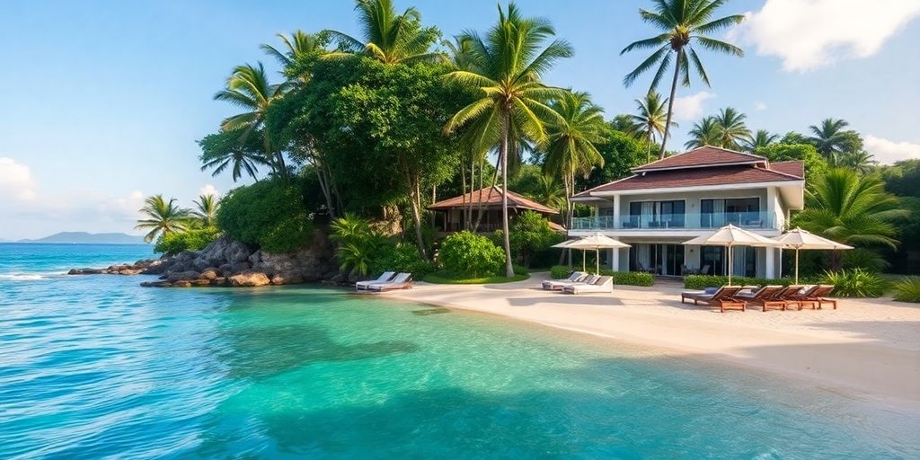 Elegant beachfront villas with turquoise waters and palm trees.