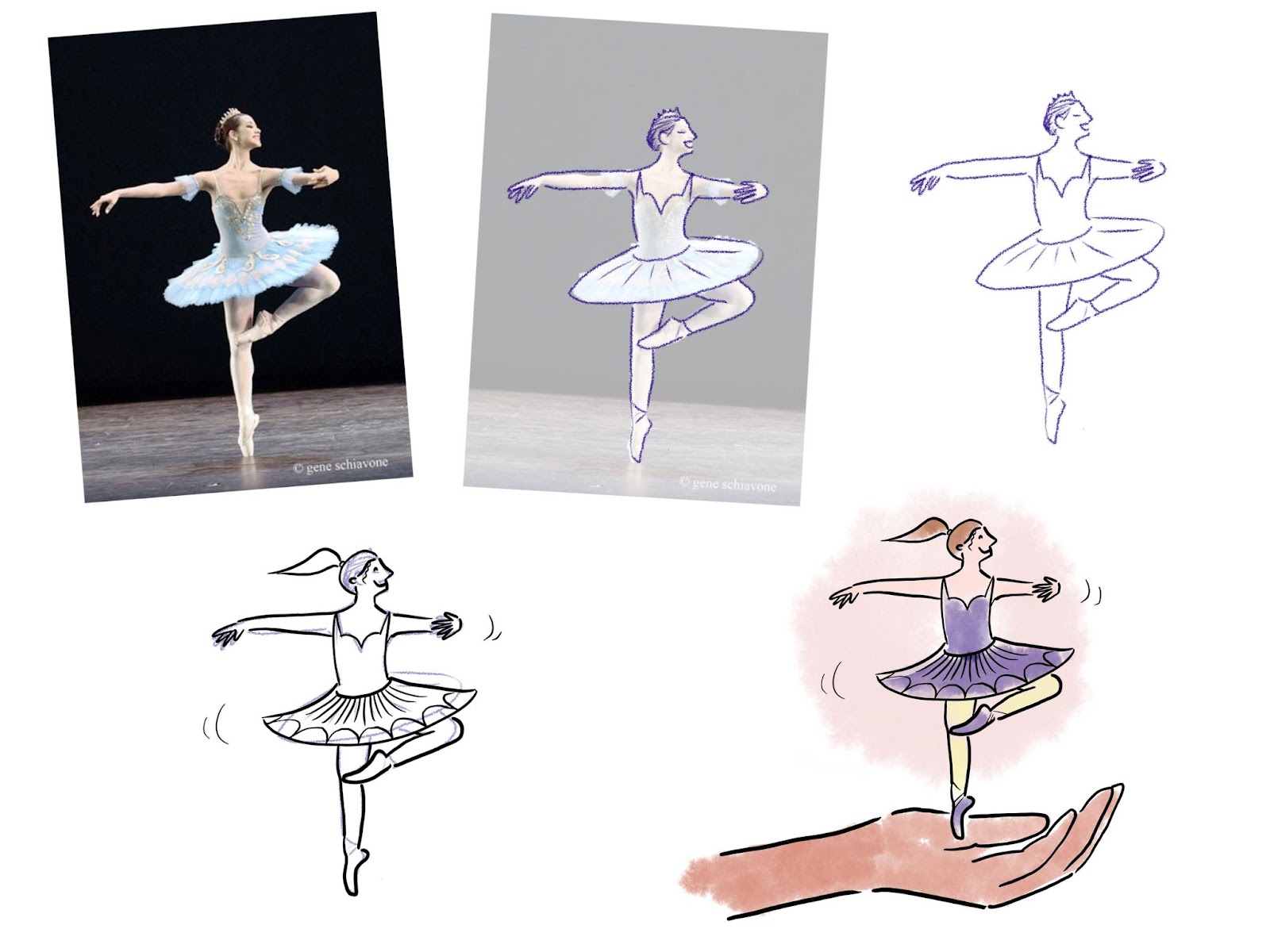 A series of 5 images where the first image is a photo of a ballerina dancing and the other images show a transition from a photo turned into an image using line art