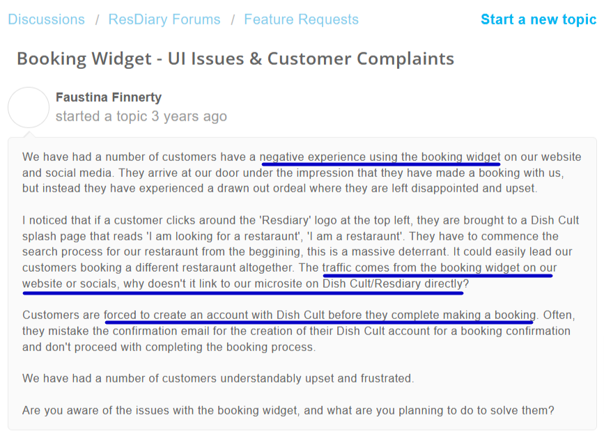 ResDiary forum post highlighting customer complaints