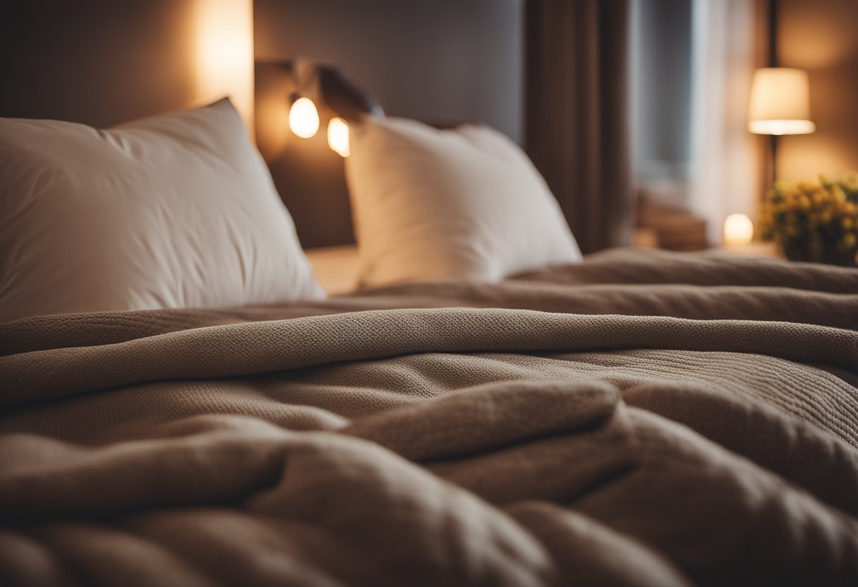 A cozy bed with soft pillows and a warm blanket, surrounded by calming colors and dim lighting