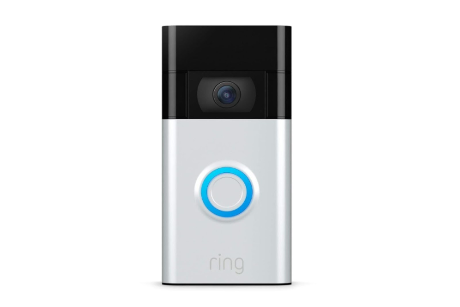 A black and silver doorbell camera with a blue-ringed button