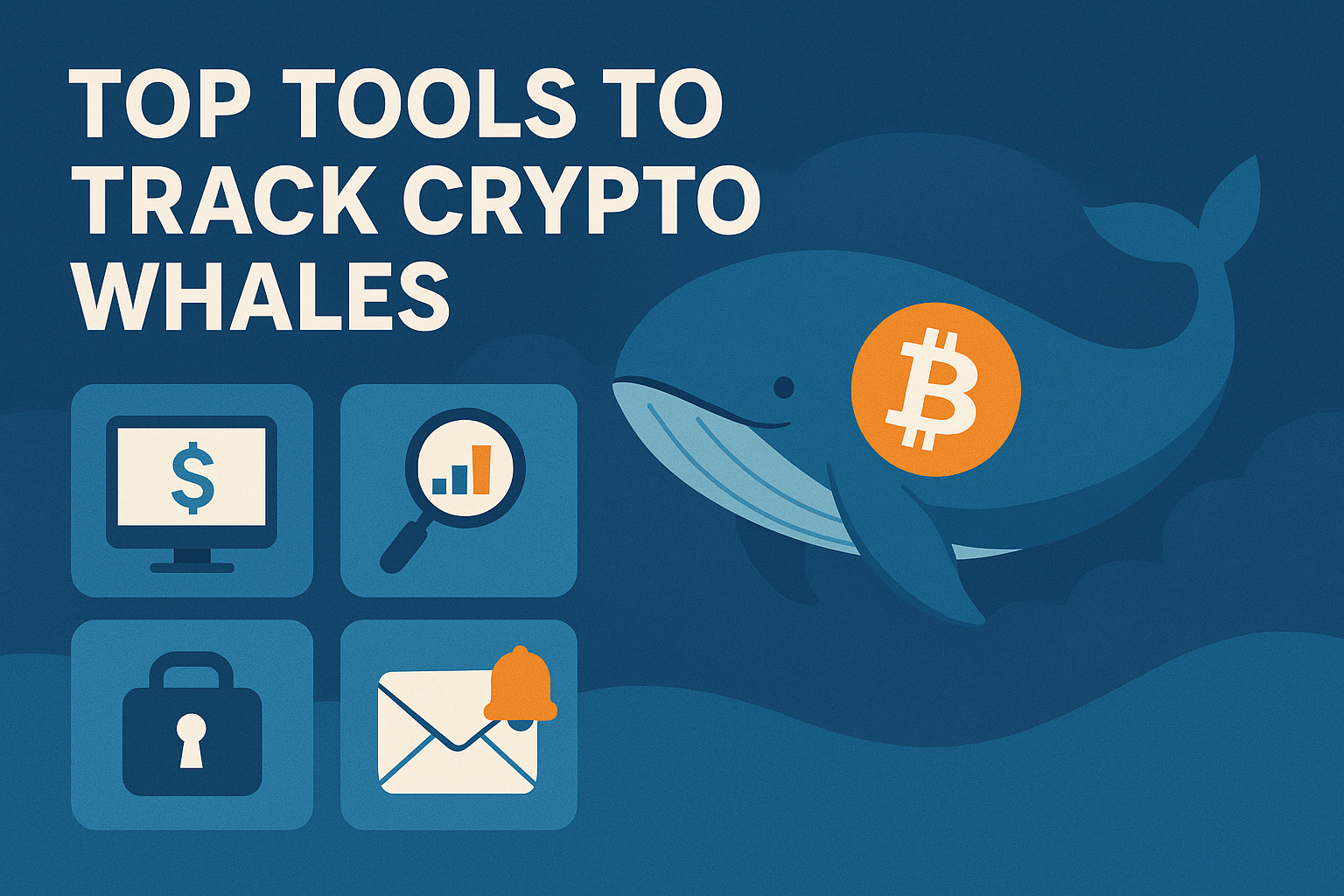 Image shows a whale with bitcoin symbol, computer screen with Dollar sign, magnifying glass with chart trends, security symbol, and alert notification, with Top Tools To track Crypto Whales written