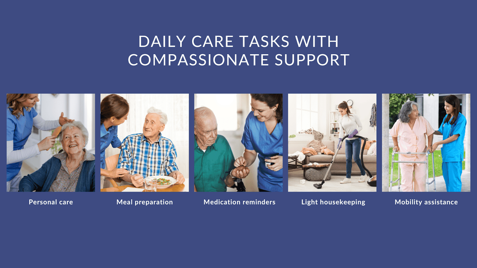 This infographic describes daily care tasks for seniors with compassionate support