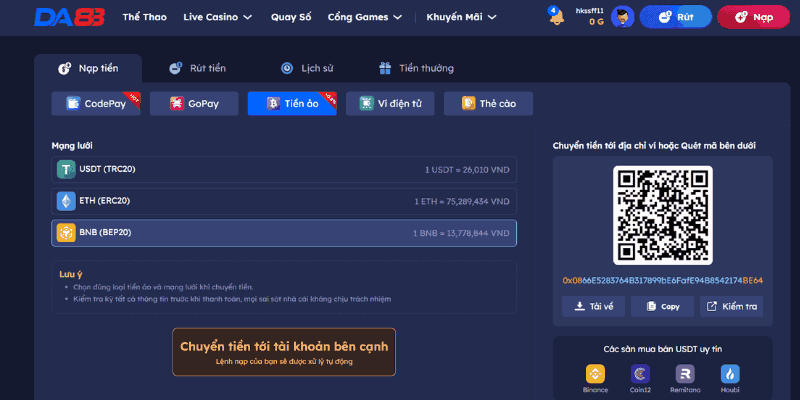 Hướng dẫn nạp tiền Da88
