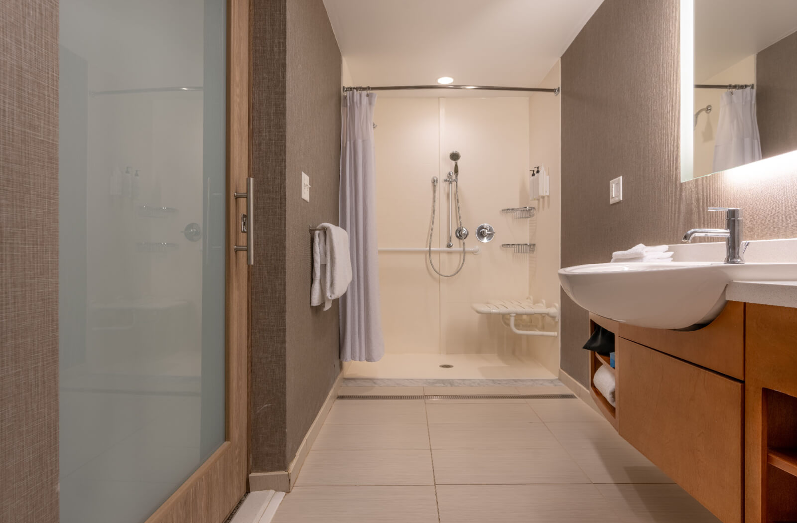 A bathroom set up to be accessible for those with mobility issues. The shower includes a seat and multiple hand railings to accommodate those who can't stand for long periods and need help moving to and from a seat.