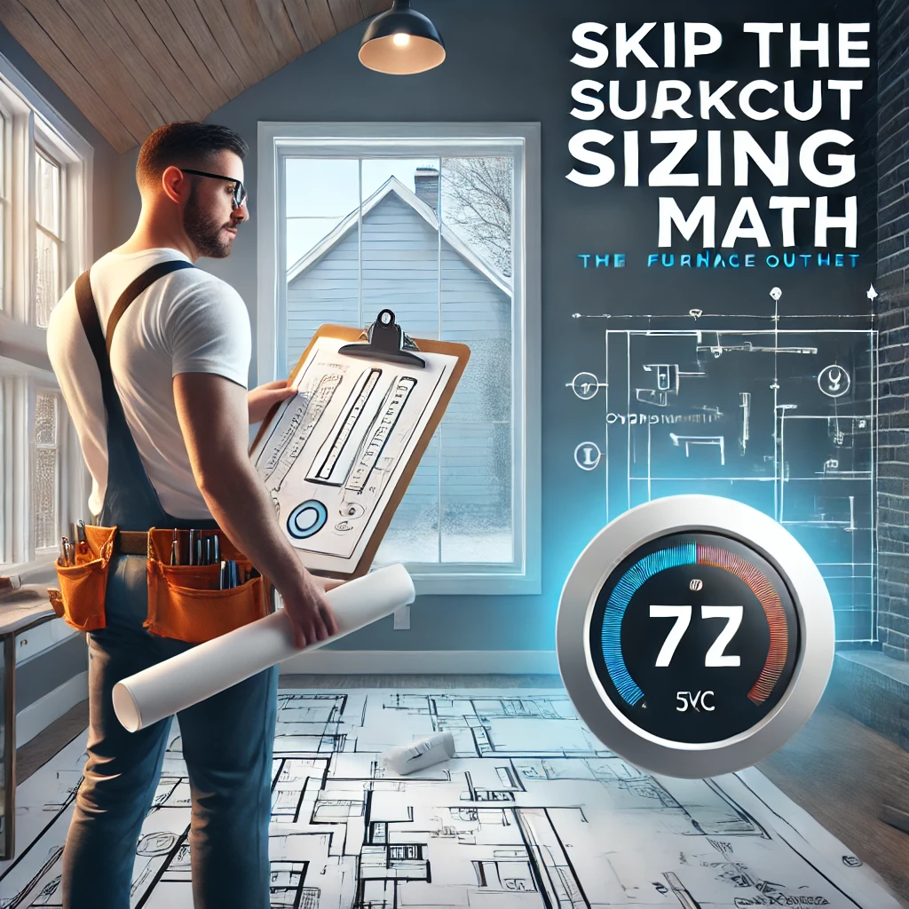 HVAC contractor reviewing house blueprints and rejecting outdated square-footage rules, highlighting the value of Manual J calculations.
