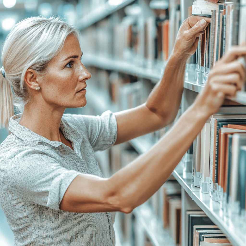 Executive leaders reorganizing bookshelves in a modern library, symbolizing the shift to a functional organizational structure for enhanced efficiency and communication.