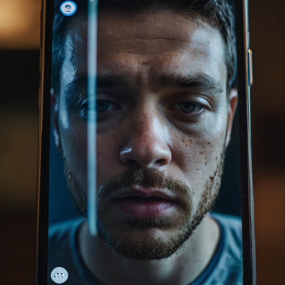 A man’s face reflected on a smartphone screen showing social media notifications, symbolizing post-breakup emotional pain