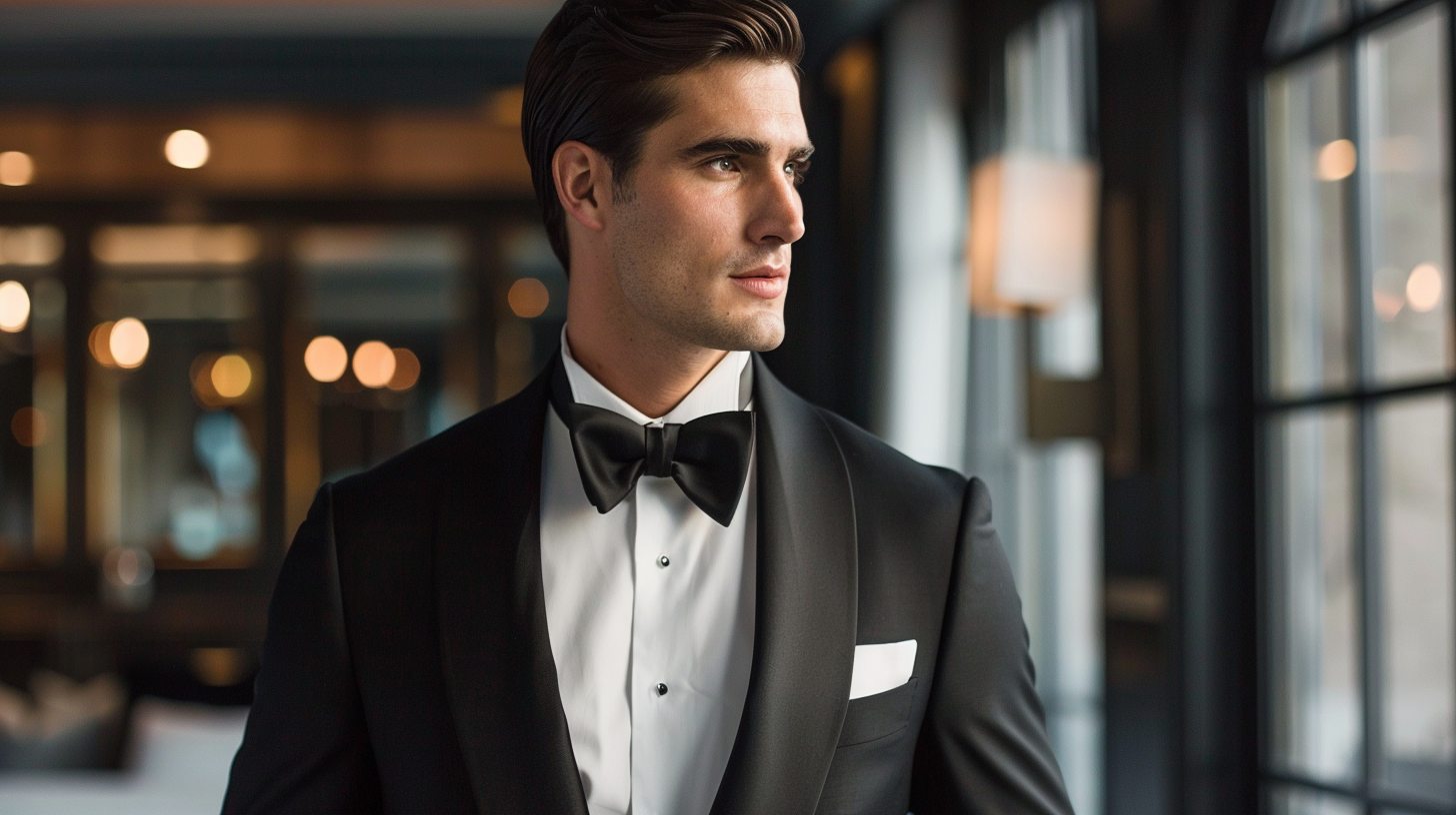 Man in a shawl lapel tuxedo with smooth, rounded satin lapels, sleek minimalist design, modern formal styling, posed at a stylish black-tie venue.