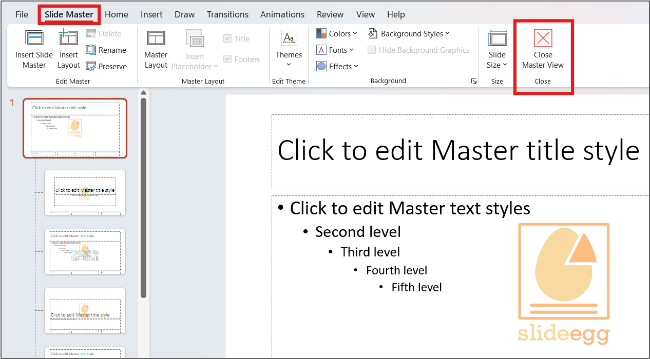 Close Master View under Slide Master Menu is highlighted in PowerPoint