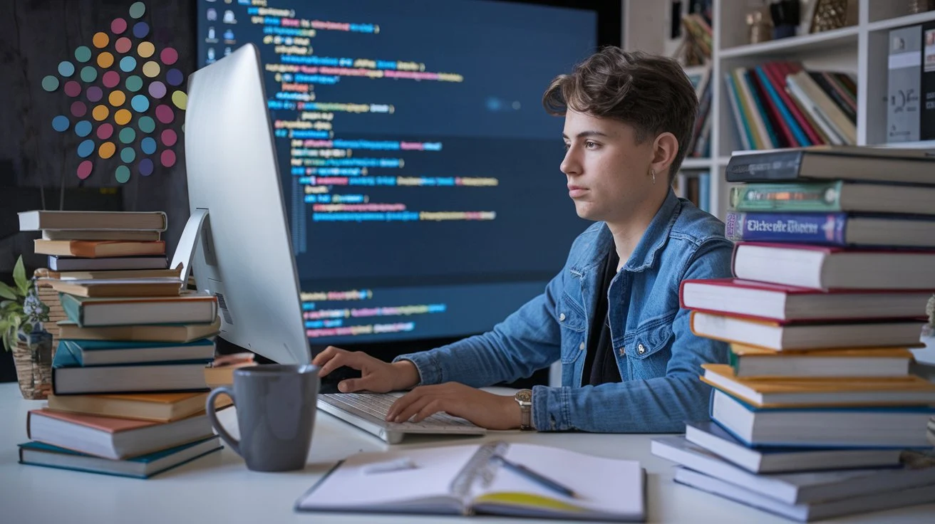 Young coder surrounded by code snippets, books, and programming icons in a casual setting.