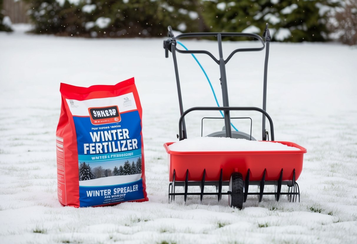 A snowy lawn with a bag of winter fertilizer and a spreader ready for use