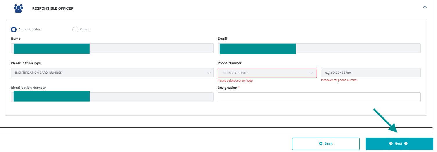 Screencap cap of e-CP39 submission Responsible Officer and administrator information fields