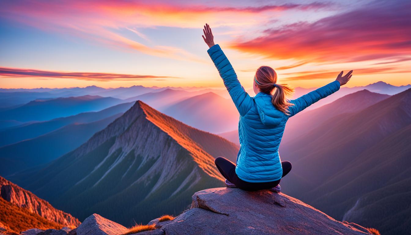 A person sitting cross-legged on a mountain peak, with their eyes closed and arms outstretched towards the sky. The air around them is charged with energy, and the colors of the sunset are reflected in their serene expression. In the distance, a figure can be seen, walking towards them slowly but steadily. The mountain range stretches out behind them, an endless expanse of rugged beauty.