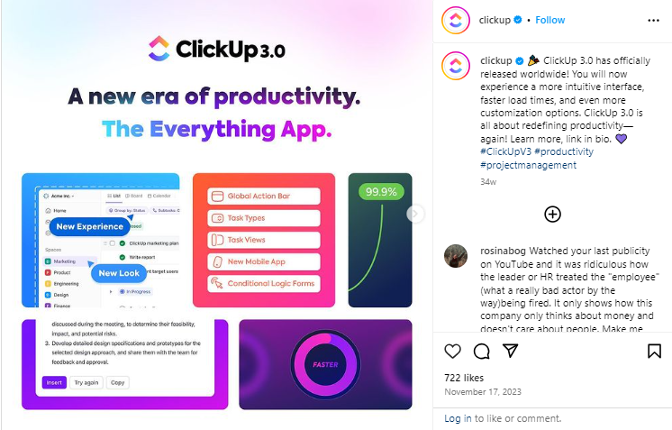 ClickUp launch post on Instagram