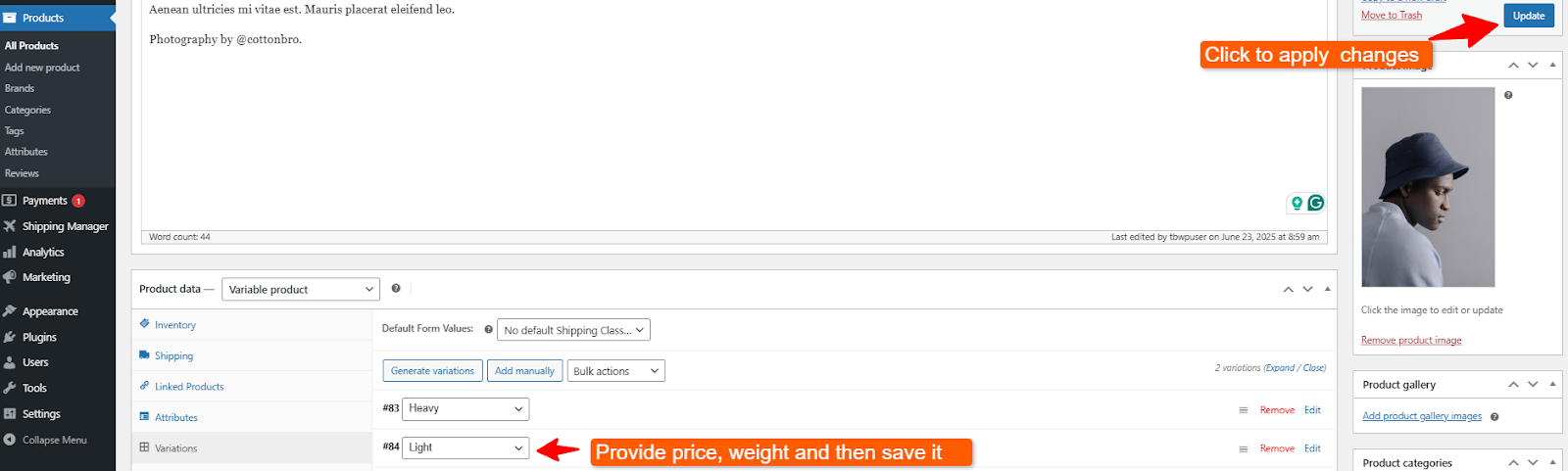 creating lightweight product variation