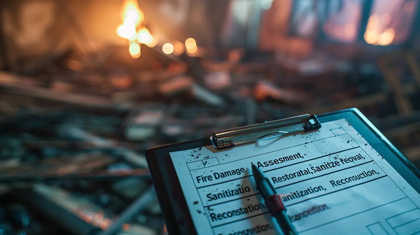 A printed or digital checklist titled “Fire Damage Restoration” on a clipboard or tablet, with boxes ticked off for steps like “Assessment,” “Smoke Removal,” “Sanitization,” and “Reconstruction.”