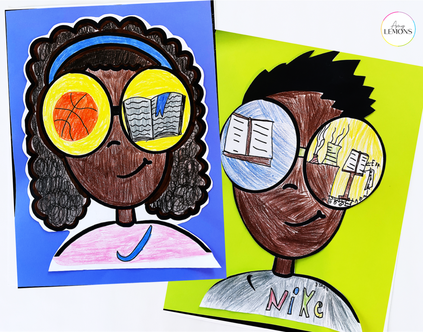 Directed drawing of kids with large glasses reflecting traits about themselves.