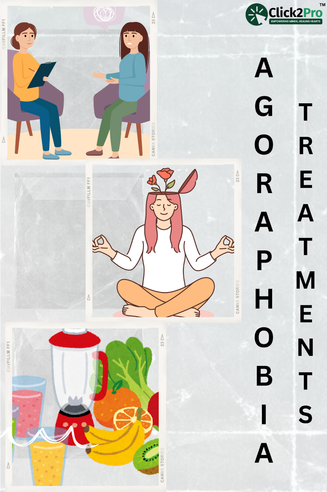 Illustration of agoraphobia treatments: therapy, mindfulness, and healthy lifestyle practices.