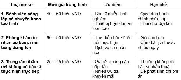 bảng so sánh chi tiết giữa 3 nhóm cơ sở thường được lựa chọn khi tìm dịch vụ tạo hình cơ bụng