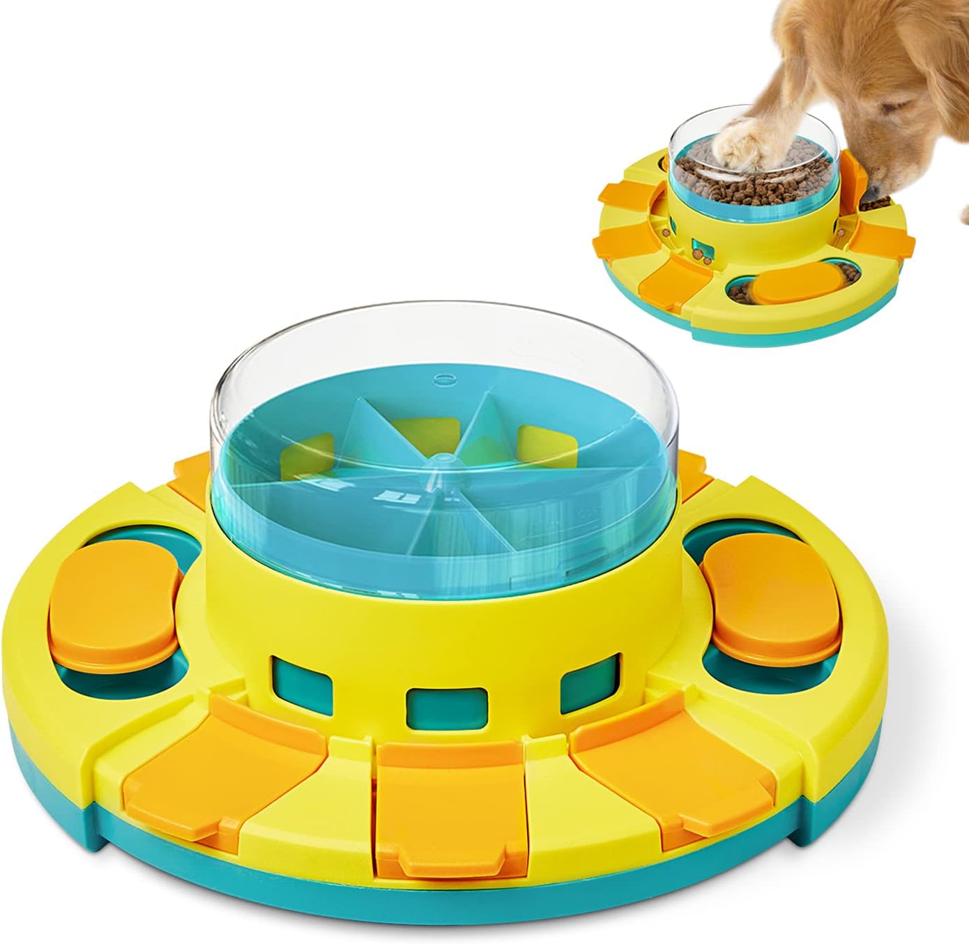 Potaroma two-level dog puzzle toy, yellow and blue.