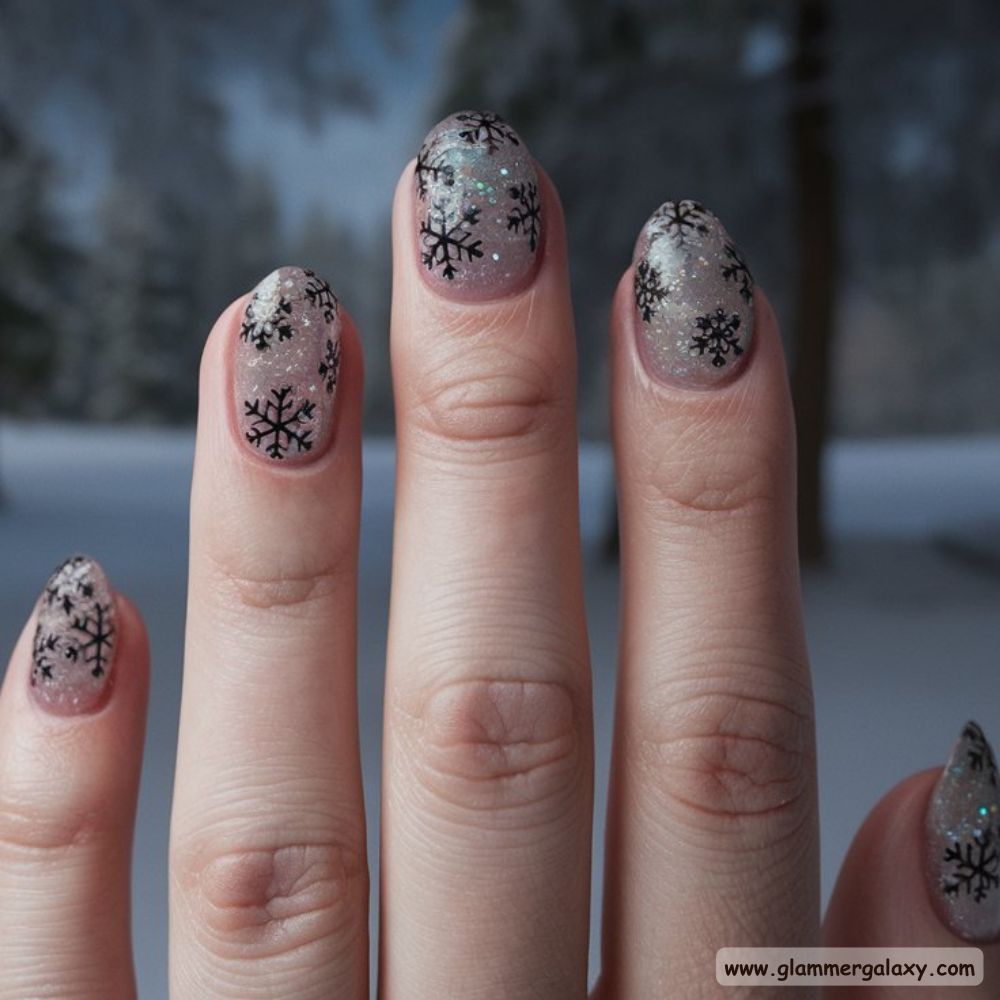 Dark Winter Nails having Unique Black Snowflakes
