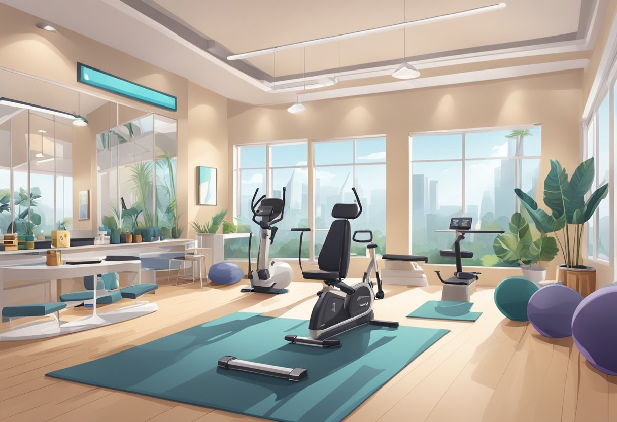 A bright and modern studio with exercise equipment and a comfortable seating area. A display of various lash services and products is prominently featured