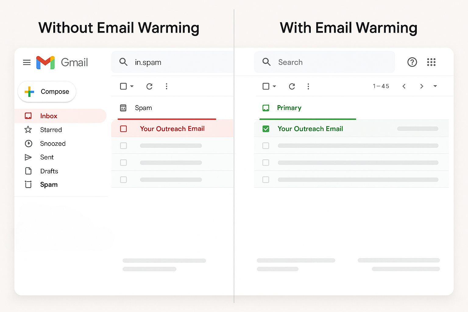 email inbox with vs without warmup