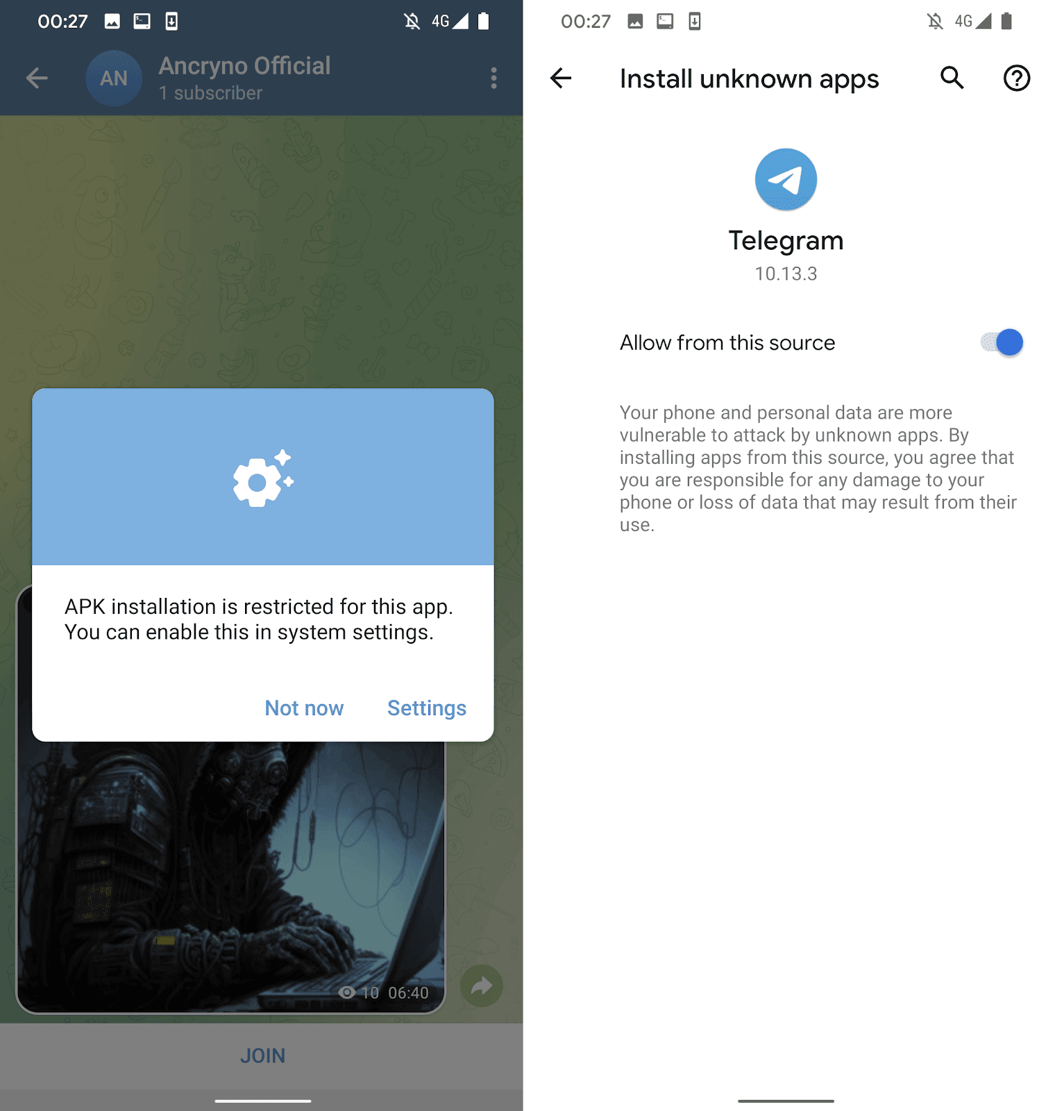 Figure 5. Telegram demande à l'utilisateur de l'autoriser à installer des applications inconnues