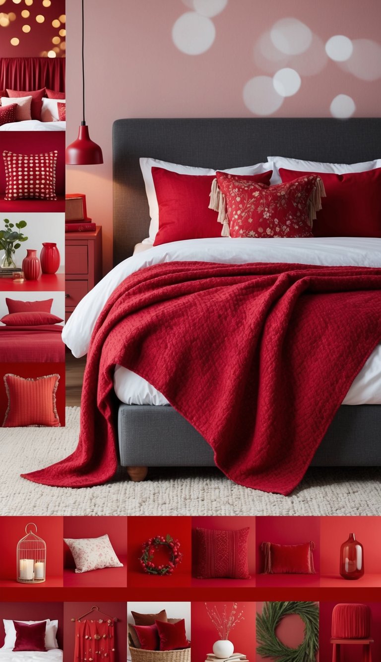 A cozy red bedroom with a berry shade blanket draped over the bed, surrounded by 25 different red decor ideas