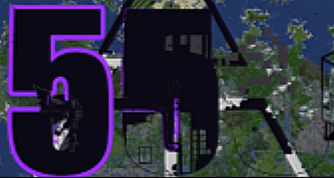 A minecraft screenshot captured by Xaero's world map depicting the large 555 logo after a severe grief