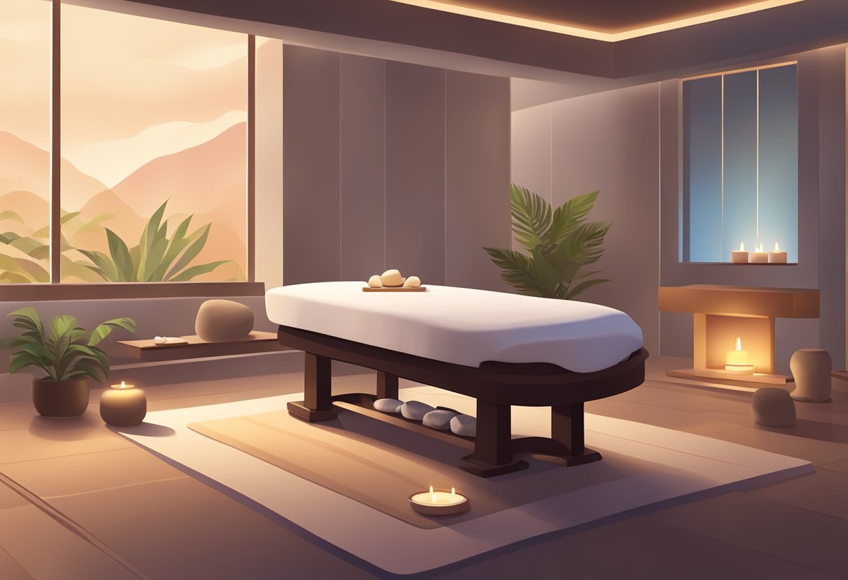 A serene spa room with dim lighting, a massage table, and a tray of smooth, heated stones. A peaceful atmosphere with soft music playing in the background