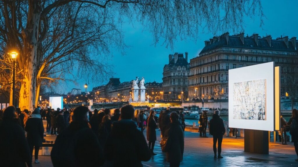 Visitors viewing spotlighted exhibitions at Paris Art Basel