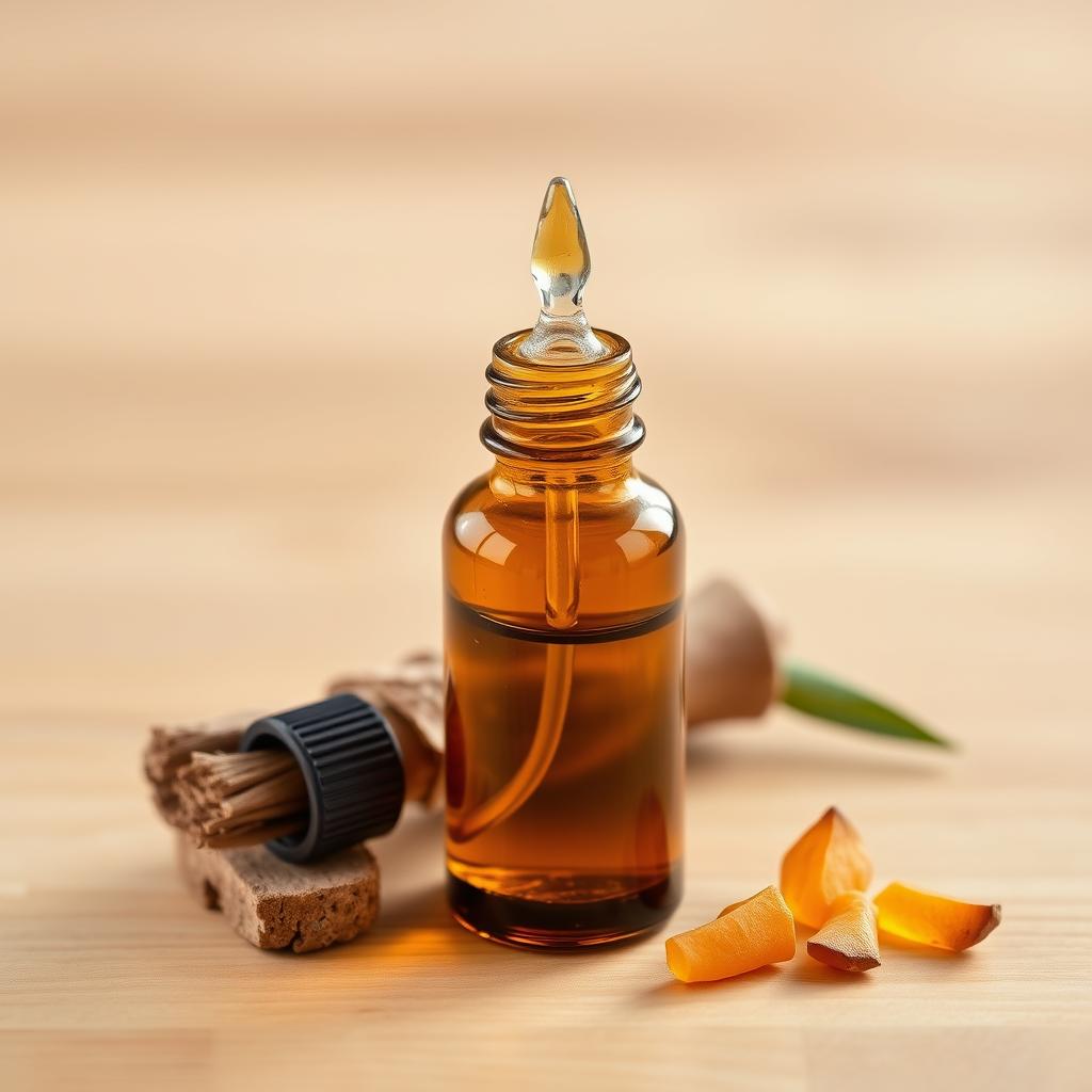 Bottle of pure sandalwood essential oil with dropper