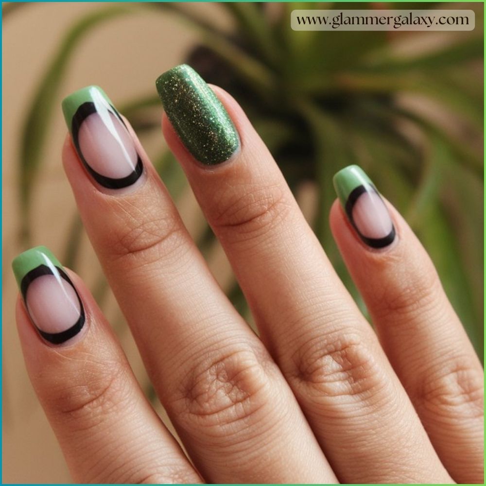 Close up of green fall nails Making a Statement with Green & Black Frenchies