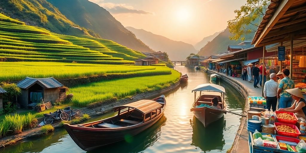 Scenic Vietnam landscape with rice terraces and traditional boats.