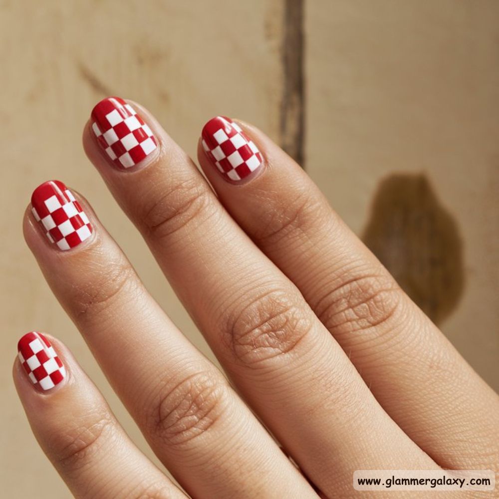 Red Summer Nails having Retro Checkerboard Designs