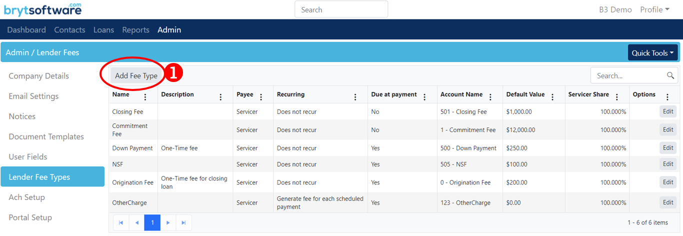 Bryt Software admin panel displaying lender fee types, including closing, convenience, down payment, origination, and service fees.