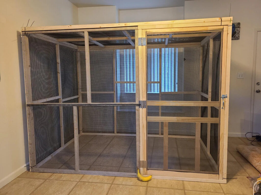 An indoor aviary with a banana for scale