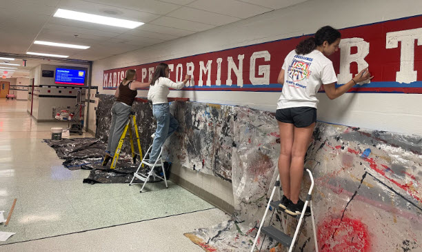 students painting a mural