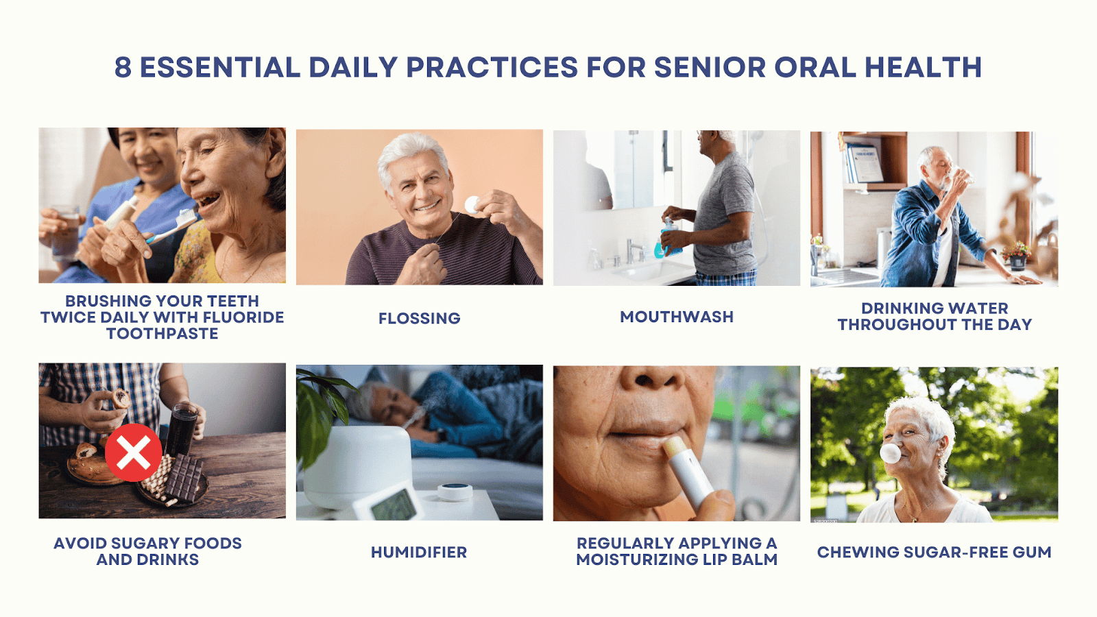 This is an infographic depicting 8 essential daily practices for senior oral health