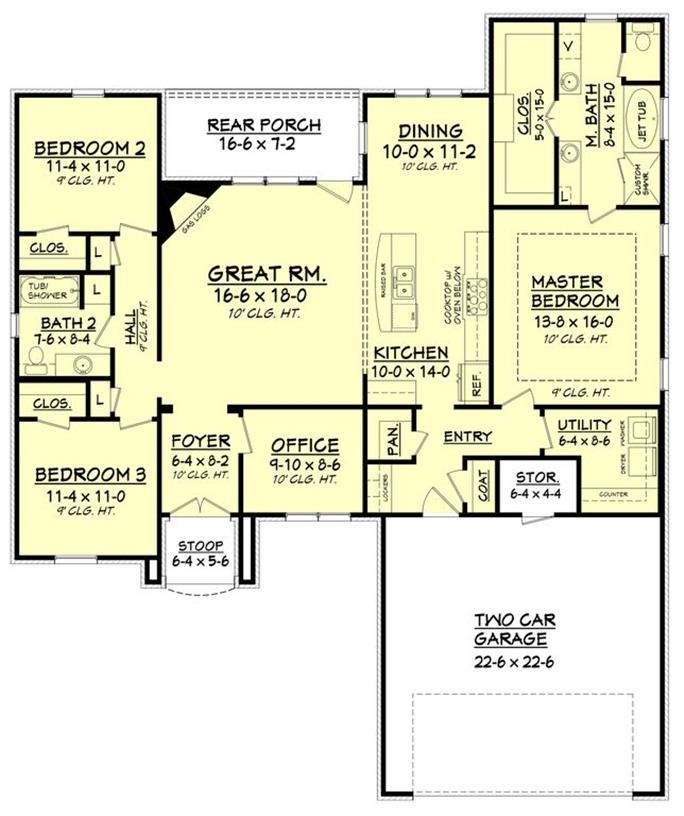 Main level floor plan of a 3-bedroom single-story traditional ranch home with front and rear porches, foyer, great room, kitchen, dining area, office, utility room, and a mudroom leading to the front entry garage.