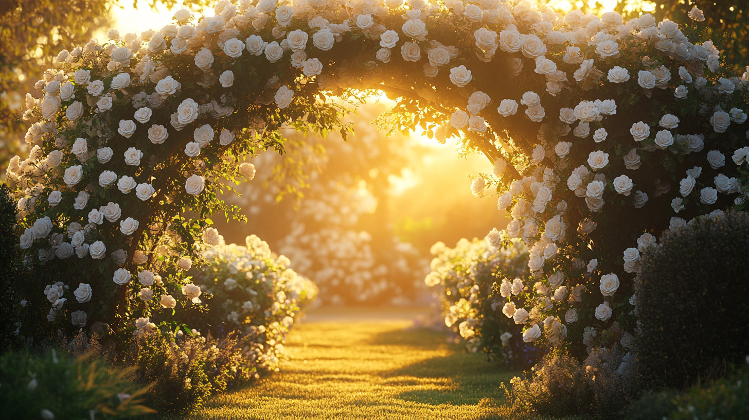 Rosas brancas trepadeiras cobrindo um arco de jardim, criando um efeito romântico.