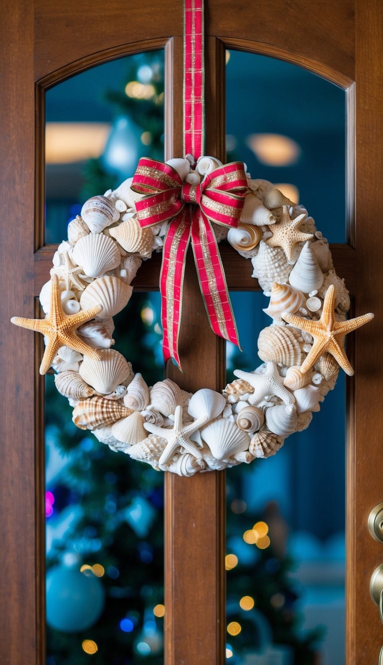 A seashell Christmas wreath hanging on a wooden door, adorned with assorted shells, starfish, and a festive bow